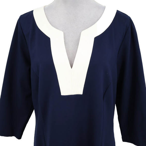 Talbots Dress Plus Size 16W Navy Blue Ivory Stretch Knit Back Zip Midi Career - Picture 12 of 14